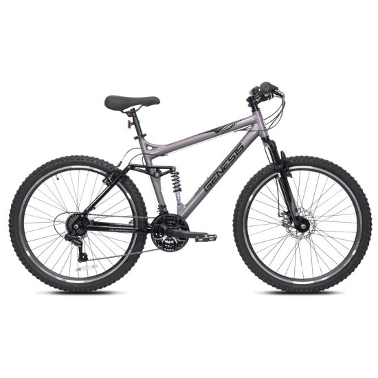 Genesis 26 In. Malice Men\'s Aluminum Full Suspension Mountain Bike with 21 Speeds, Front Disc Brake and Front Suspension, Metallic Gray