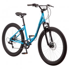 Schwinn Bellwood comfort hybrid bike, 7-speeds, 27.5-inch wheels, blue, step-through, low
